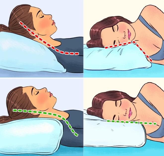 (Gối quá cao hoặc quá thấp có thể khiến cột sống cổ bị uốn cong bất thường)
